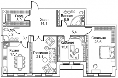 Трёхкомнатная квартира 130.3 м²
