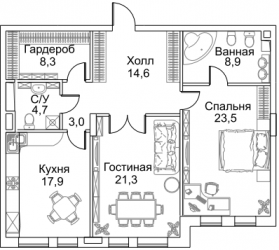 Двухкомнатная квартира 103.7 м²