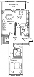 Двухкомнатная квартира 122.8 м²