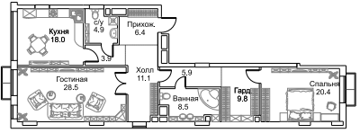 Двухкомнатная квартира 118.9 м²