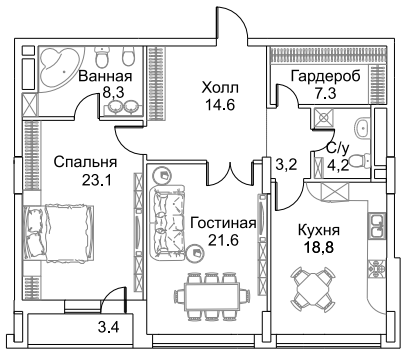 Двухкомнатная квартира 104.4 м²